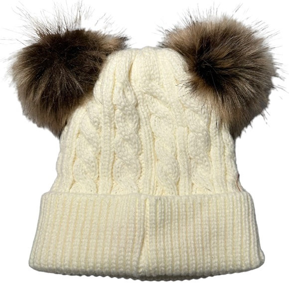 FAS Jeans Beanie OS Off White Double Pom Cable Knit Wool - Picture 4 of 8